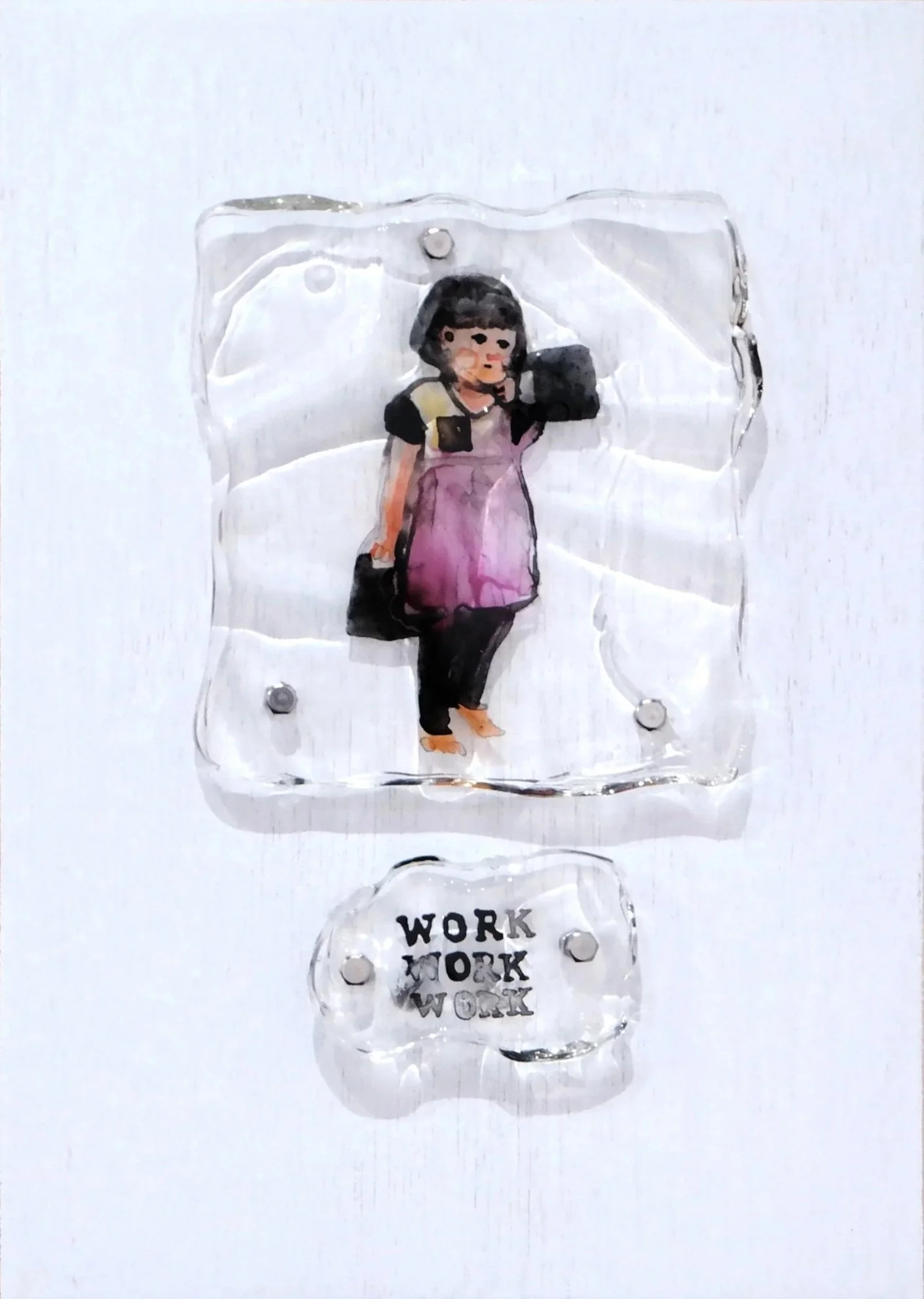  Dubbing #1 
 Ink, acrylic in resin, bolt, nut, fabric and wood 
 21 cm x 30 cm, 2017 