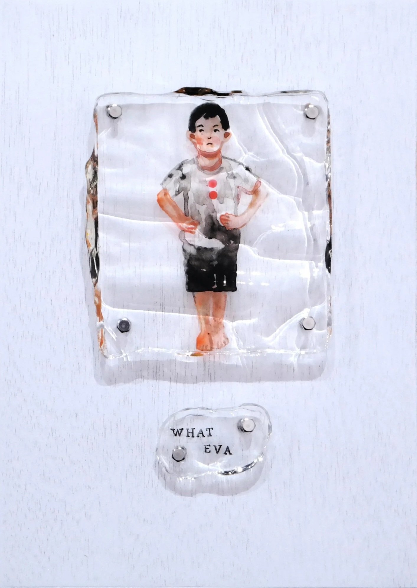  Dubbing #2 
 Ink, acrylic in resin, bolt, nut, fabric and wood 
 21 cm x 30 cm, 2017 