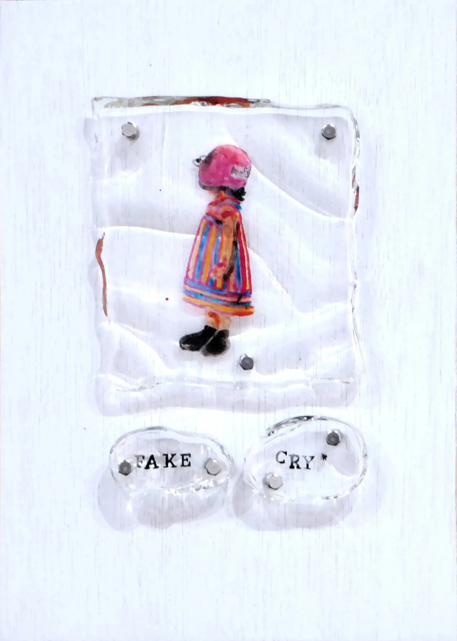  Dubbing #4 
 Ink, acrylic in resin, bolt, nut, fabric and wood 
 21 cm x 30 cm, 2017 