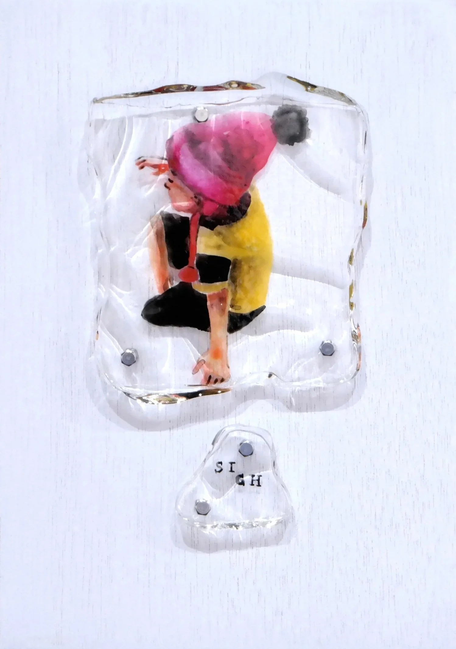  Dubbing #7 
 Ink, acrylic in resin, bolt, nut, fabric and wood 
 21 cm x 30 cm, 2017 