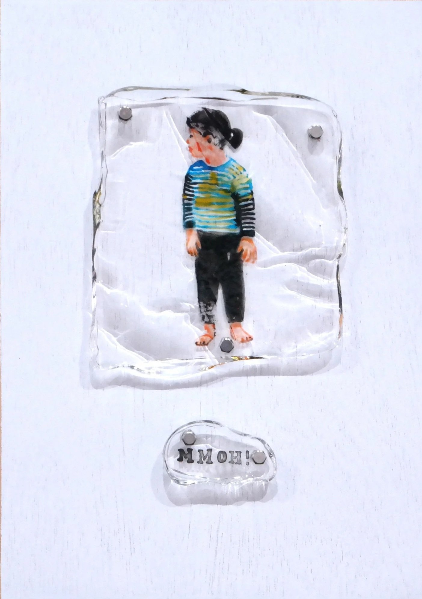  Dubbing #10 
 Ink, acrylic in resin, bolt, nut, fabric and wood 
 21 cm x 30 cm, 2017 