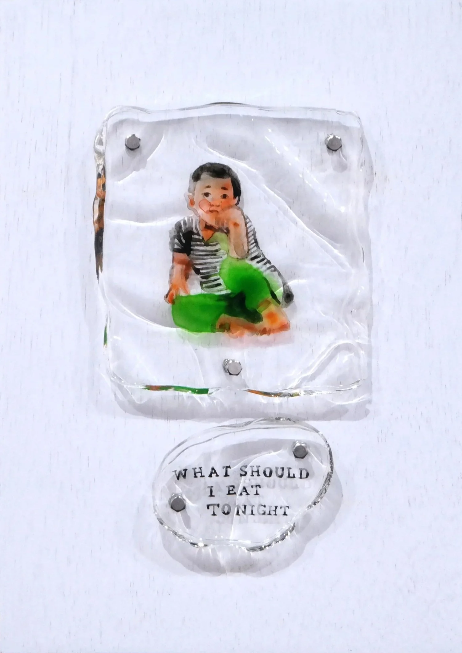  Dubbing #13 
 Ink, acrylic in resin, bolt, nut, fabric and wood 
 21 cm x 30 cm, 2017 