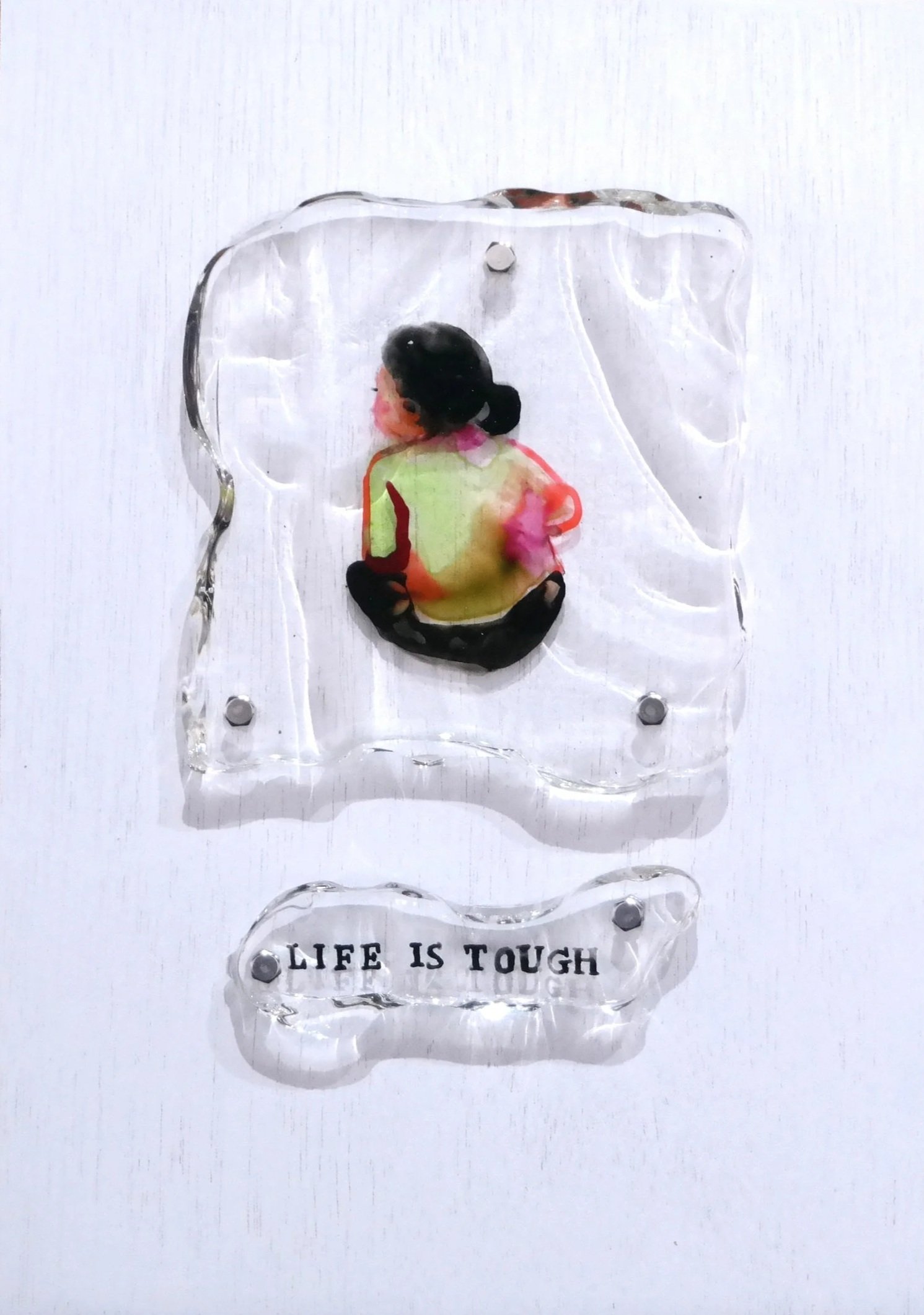  Dubbing #16 
 Ink, acrylic in resin, bolt, nut, fabric and wood 
 21 cm x 30 cm, 2017 