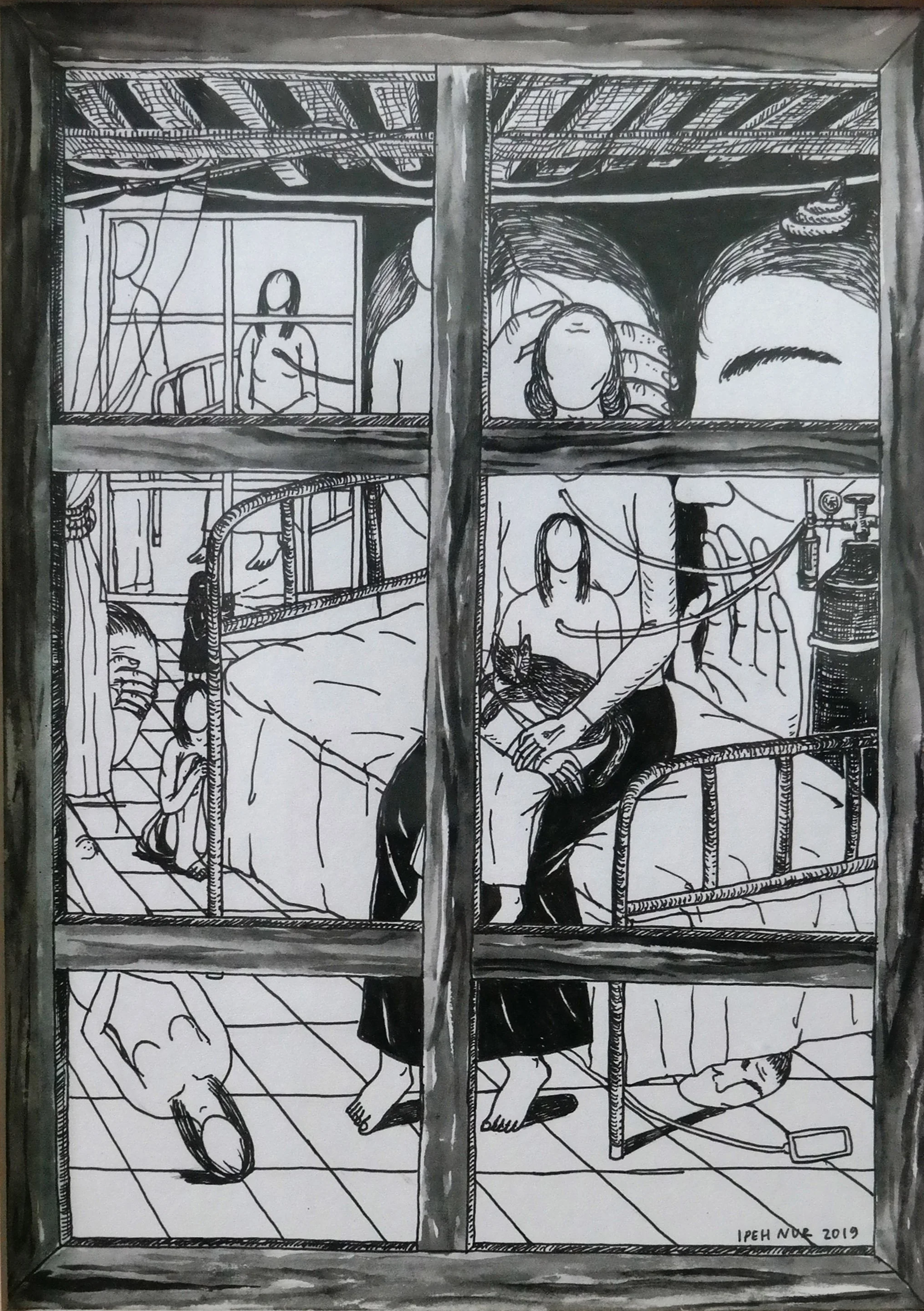  Ipeh Nur Hanifah 
 Aku Melihat Aku 
 Drawing Pen on Paper 
 25 cm x 35 cm, 2019 