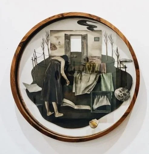  Dian Suci Rahmawati 
 Aku Tau Nandur Luhku nang Kana, Takrabuk Tai Babi Seminggu Sepisan 
 Watercolor on cutout paper 
 Diameter  80 cm, 2018 