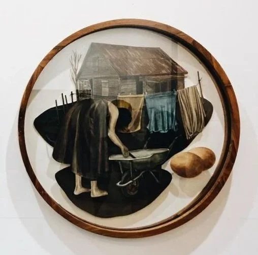 Dian Suci Rahmawati 
 Lawange Wis Mboknepke Durung? Engko Mundhuk Asu-asu Ajaghe Dha Mlebu 
 Watercolor on cutout paper 
 Diameter  80 cm, 2018 