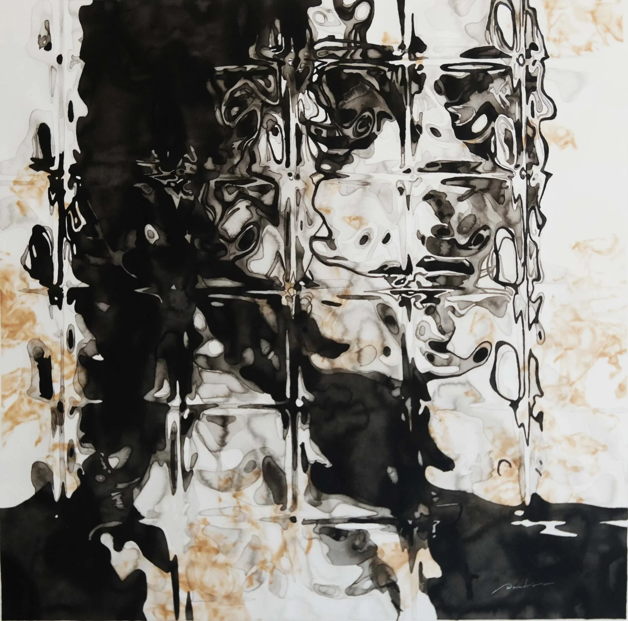  Softly Burning 
 Ink and burning effect on paper 
 120 cm x 130 cm, 2019 