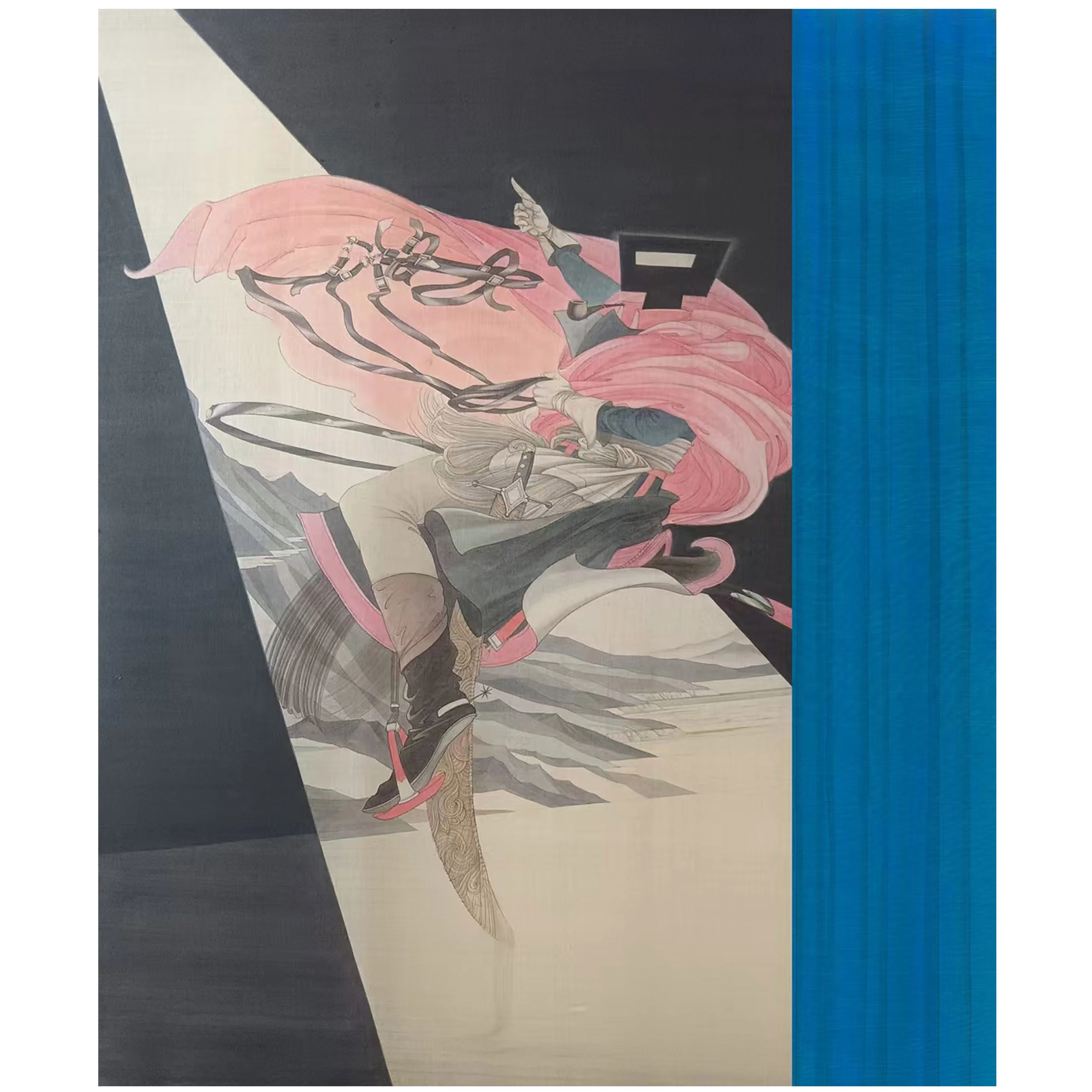  Jin Sha 
 The Blue Veil: When Sidney Nolan Meets Jacques-Louis David 
 Ink and colour pigment on silk 
 92cm x 83cm, 2026 