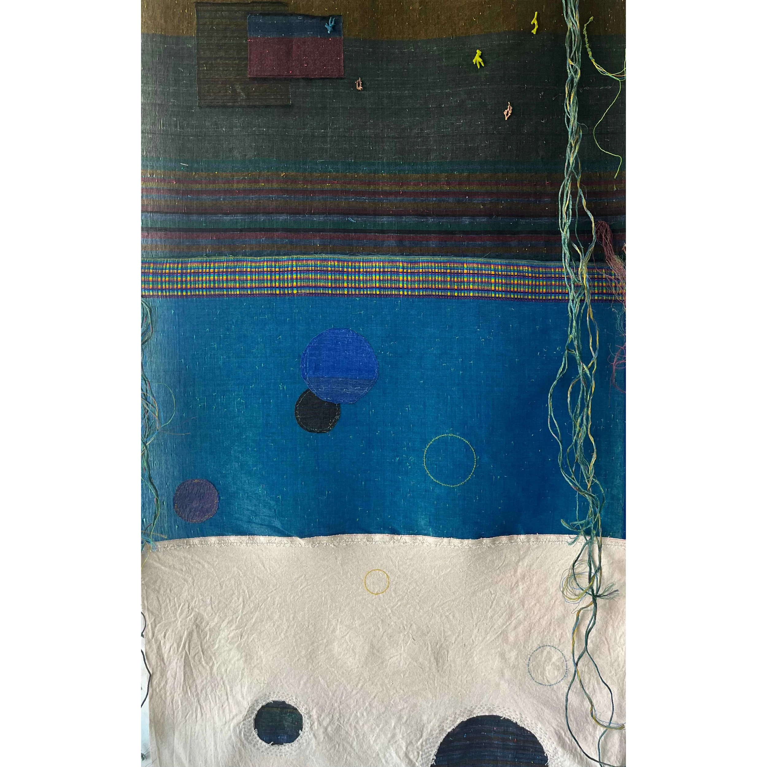  The Ocean World 
 Woven plastic and cotton threads, canvas, beads, plastic ropes 
 96 x 205 cm, 2022 