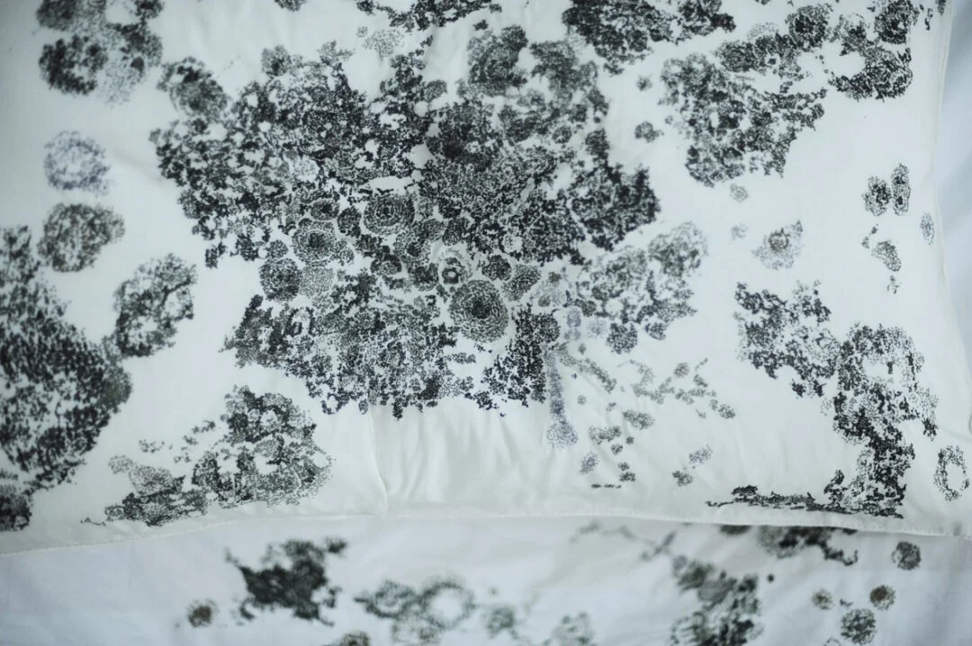  Water Stain - The Bed 
 Embroidery, cloth, cotton and latex 
 210 x 132 x 20 cm, 2014 