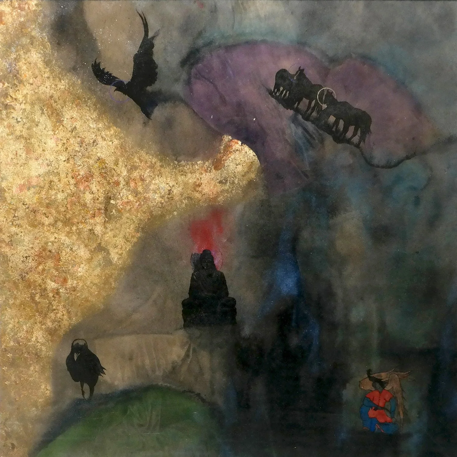 A painting depicting a surreal scene with a large face with closed eyes, and various small figures including a woman with an umbrella, a person with a red hat, a figure with a red scarf, and a black dog, set against a colorful, abstract background.