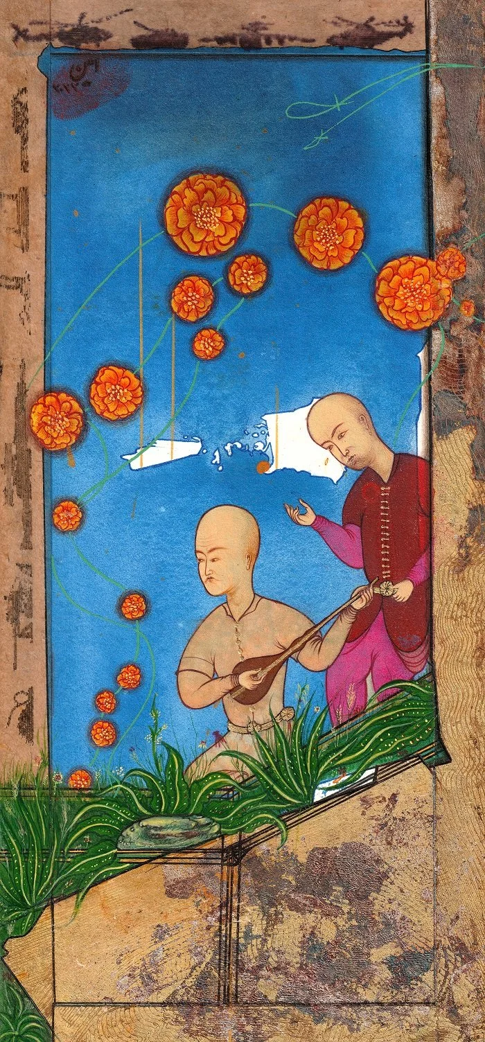 A traditional painting depicting two figures, one playing a stringed instrument and the other pointing, with orange marigold flowers and green plants against a blue background.