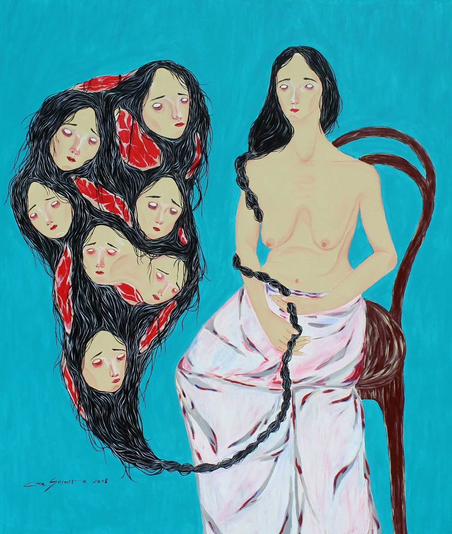 A painting of a woman with long dark braided hair, sitting against a blue background. To her left, a tangled mass of long black hair containing multiple small, pale faces with sad expressions. The woman is topless, wearing a white garment. The style 