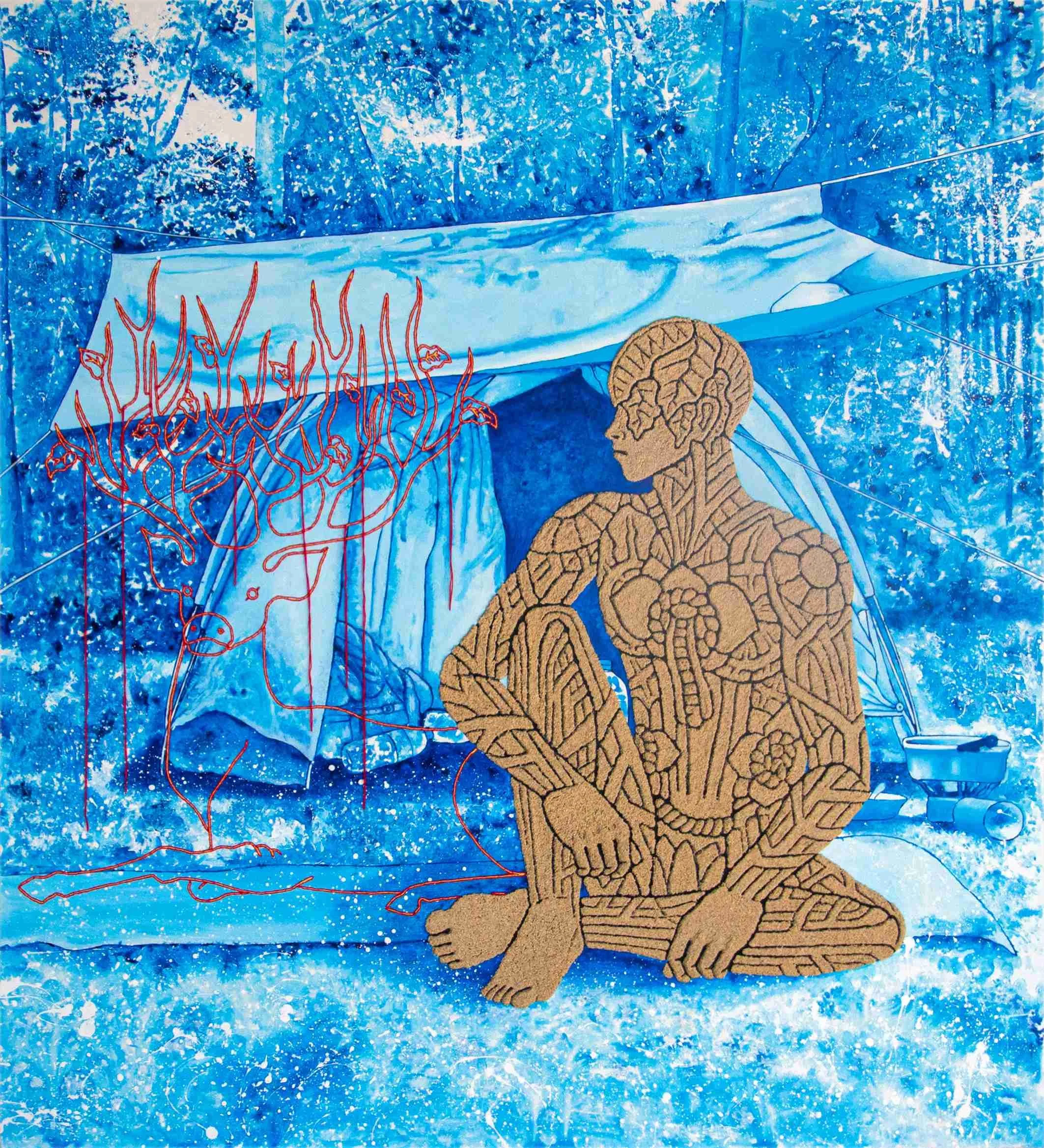  Sometimes We Need To Be Alone 
 Marble Powder, Hand Embroidery and Ink on Canvas 
 165cm x 150cm, 2025 