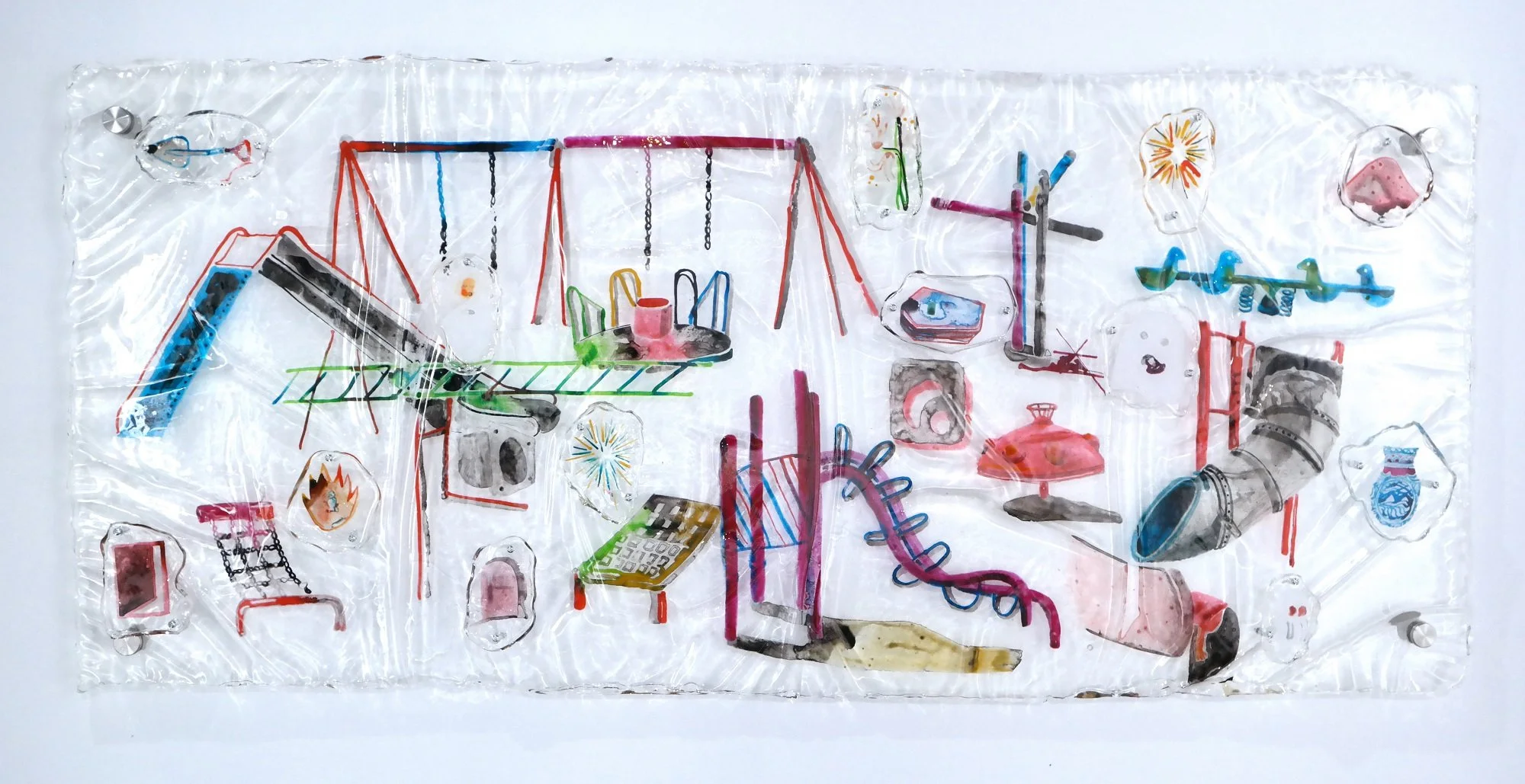  A Tale of Death 
 Ink, acrylic in resin, bolt and nut 
 125 cm x 60 cm x 7 cm, 2017 