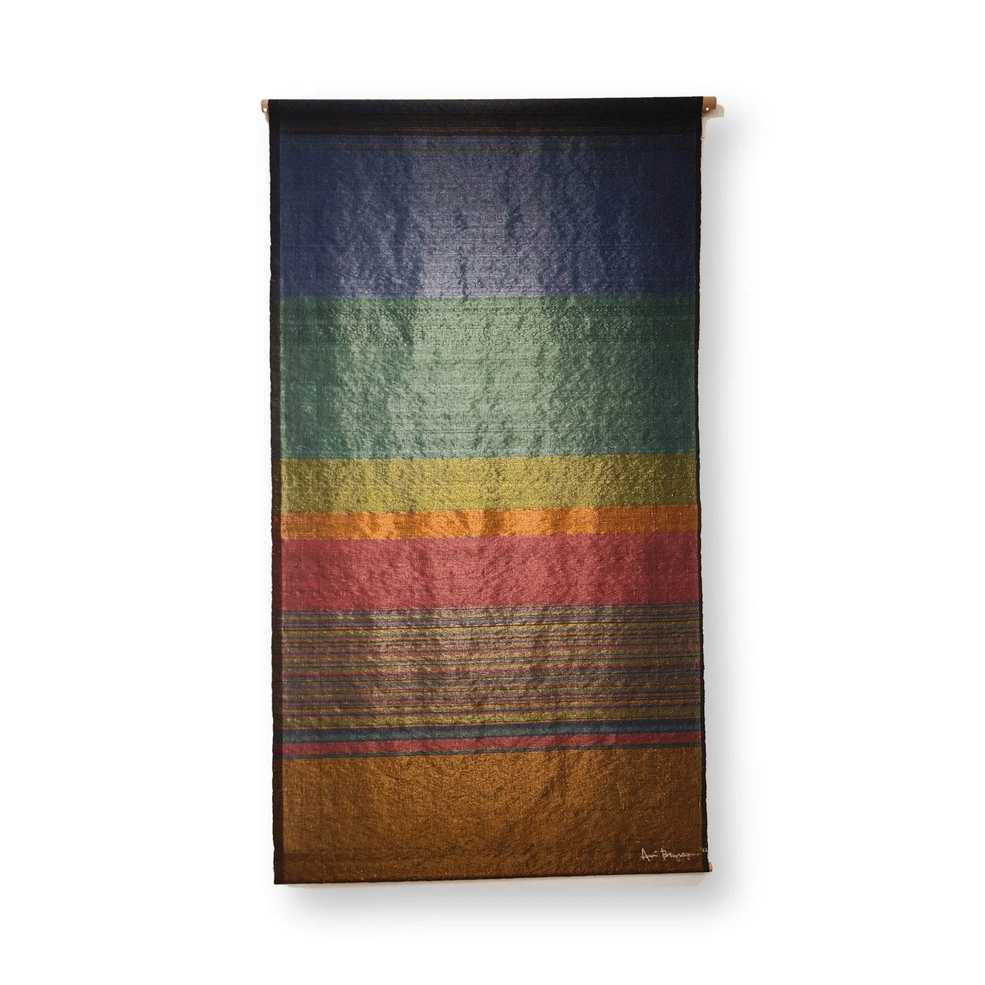  Ari Bayuaji 
 Sailing Under Thousand Stars 
 Woven plastic and cotton thread 
 103cm x 185cm, 2022 