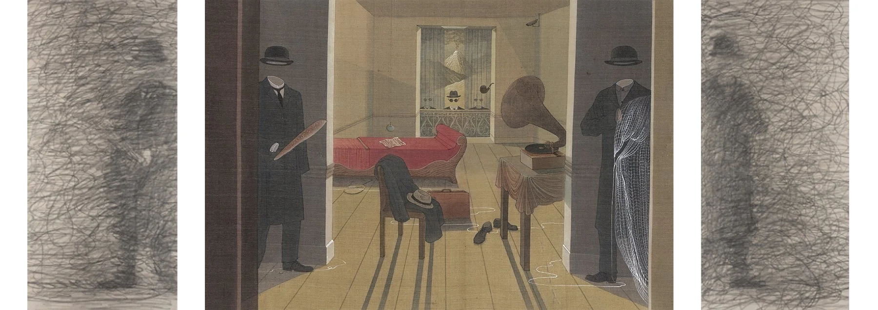  Meeting in Magritte's Room 
 Ink and Colour Pigment on Silk 
 38 x 58 cm (1 panel); 38 x 19 cm (2 panels), 2016 