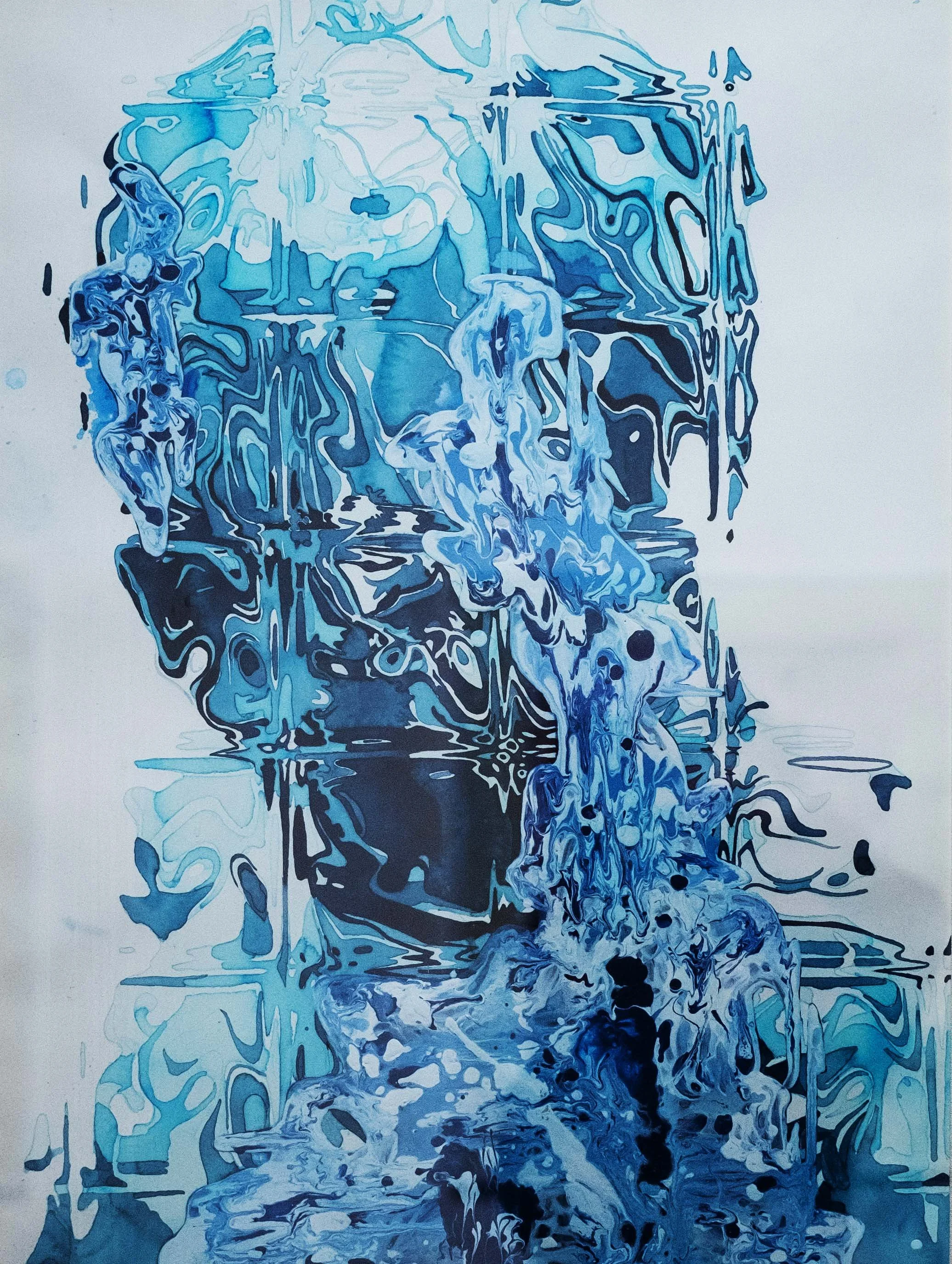 Blue abstract watercolor painting with fluid, swirling patterns and various shades of blue, including dark, medium, and light tones.