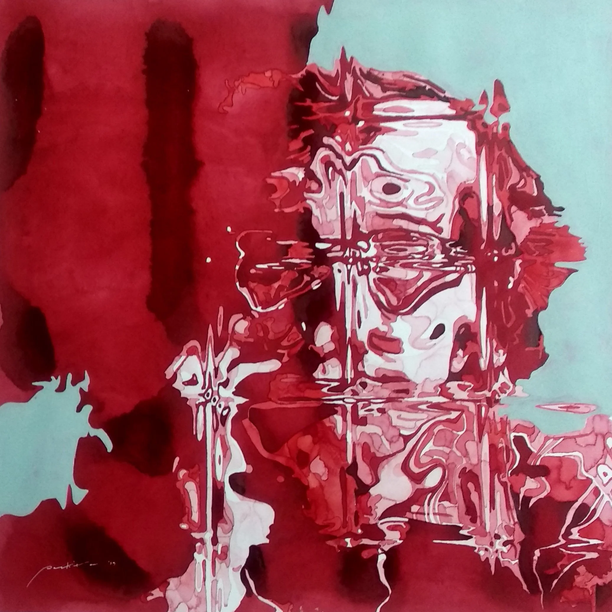 An abstract artwork featuring a profile of a person's face with flowing hair, composed of intricate lines in shades of pink, red, and white, set against a light blue background.