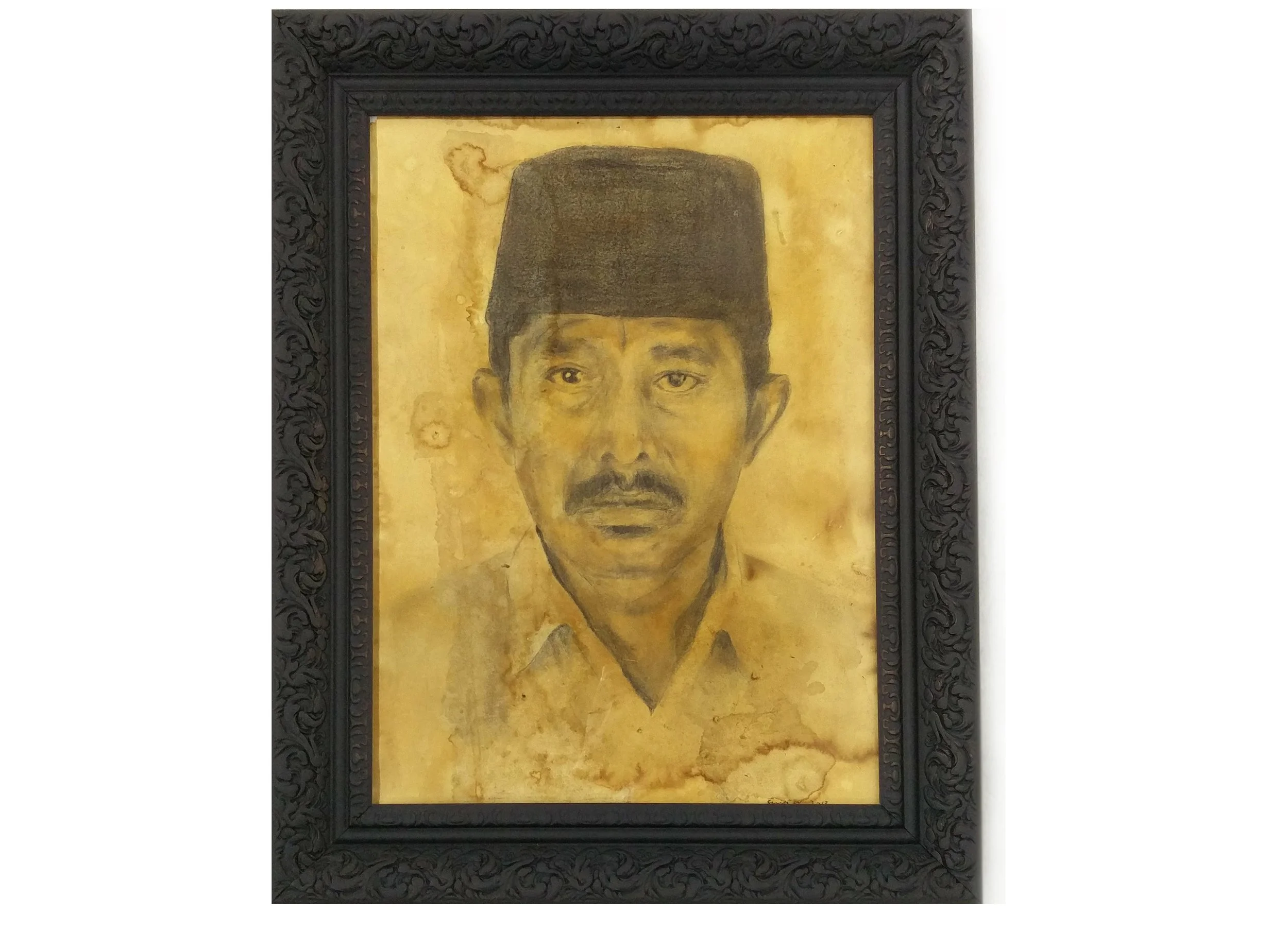  Paman 
 Tobacco juice painting and wooden frame 
 40 cm x 50 cm, 2017 
