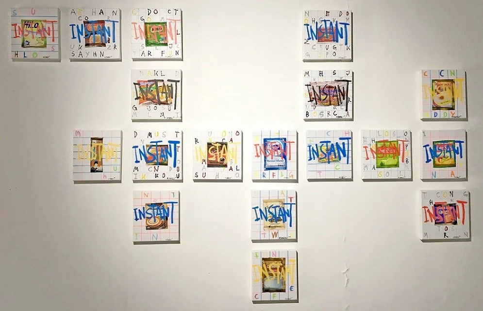  Instant but In-Stant 
 Print, solid marker and acrylic on canvas 
 20 cm x 22 cm (9 Pieces) & 22 cm x 22 cm (9 Pieces), 2018 