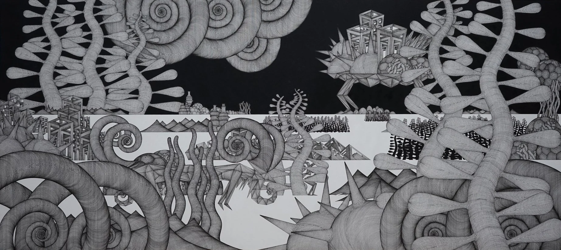  Midnight in Downtown Journey to Nowhere #72 
 Pen on paper 
 130 x 61cm, 2020 