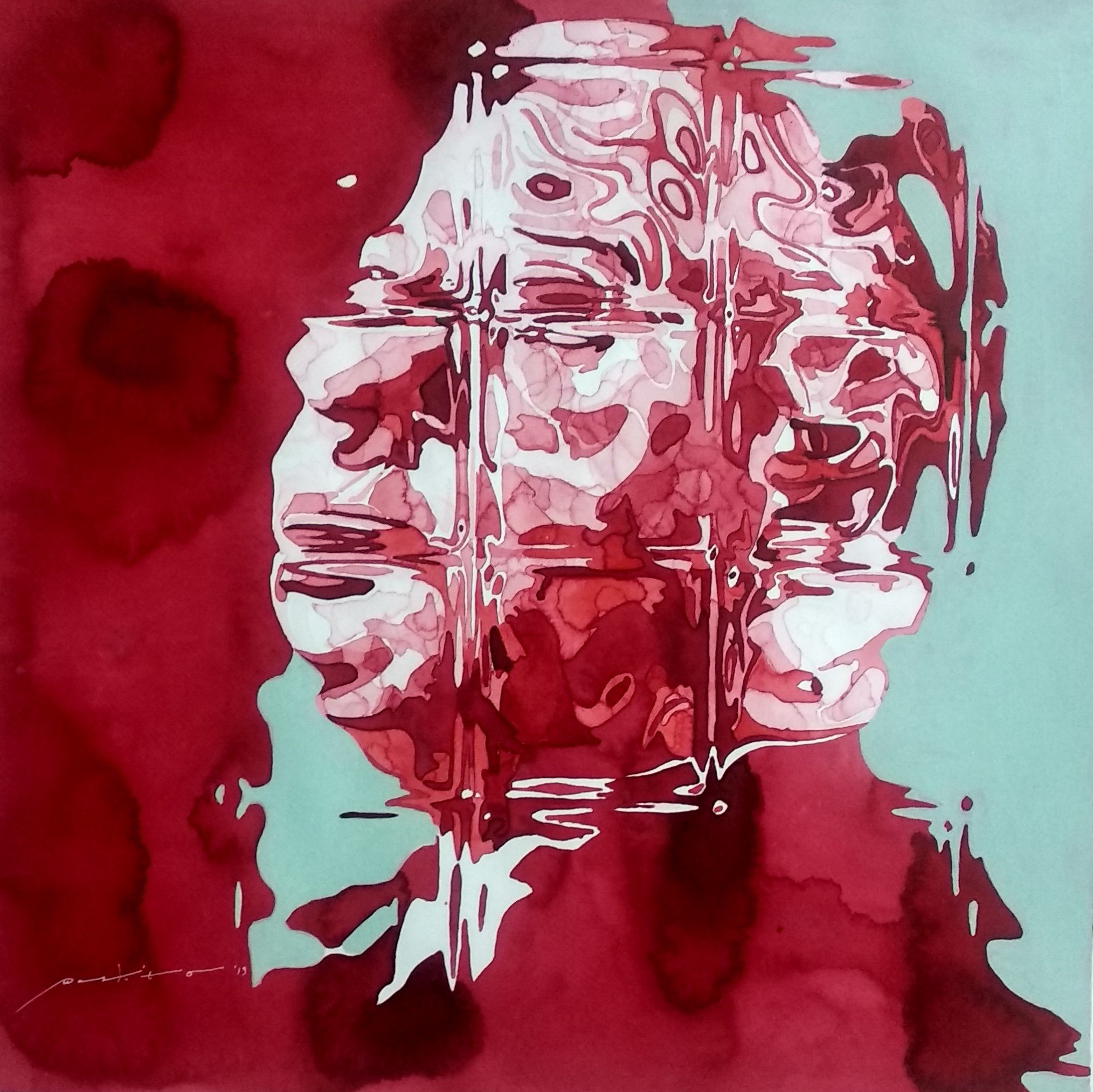 Abstract watercolor painting with splashes of red, maroon, and light blue colors.