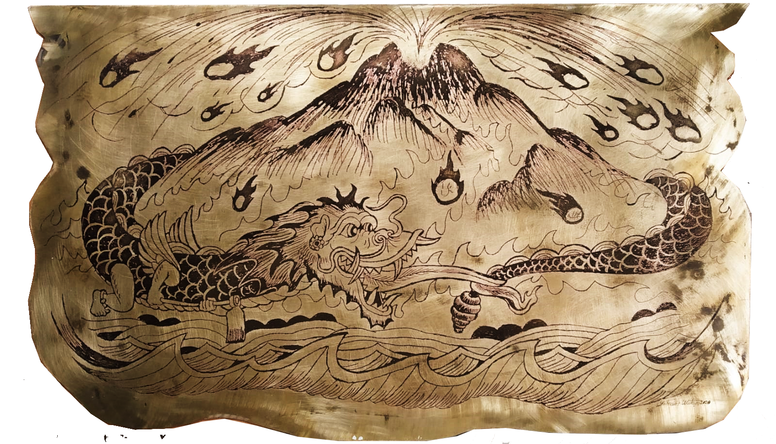  Mlungker Merapi 
 Etching on brass 
 60 cm x 36 cm, 2020 