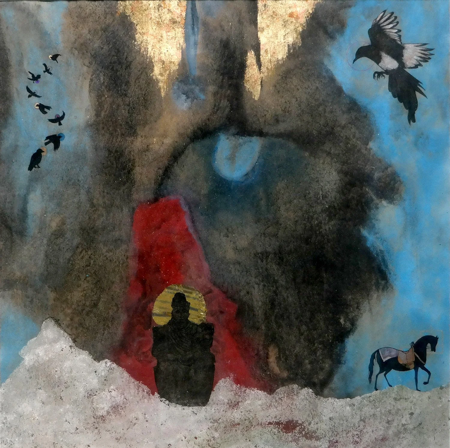 A mural painting depicting a woman's face with her eyes closed, surrounded by flying birds and a person sitting in front of a pot with a halo behind them, set against a cloudy sky.