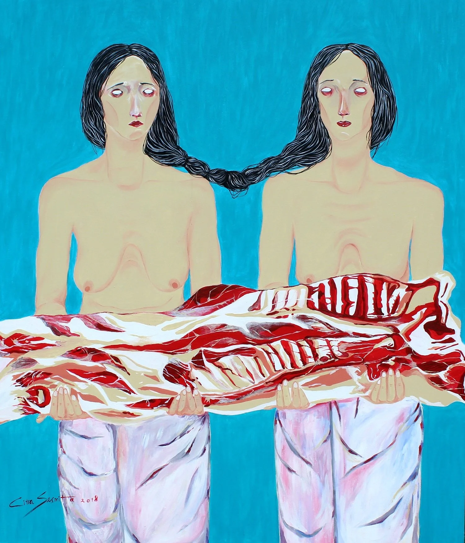 A painting of two women with long dark hair, no shirts, holding a large piece of meat, with a blue background.