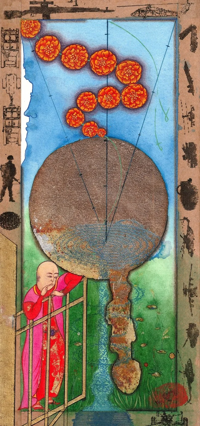A traditional Chinese ink painting depicting a scene with a large water vessel in the center, surrounded by natural elements like fish and plants. A person dressed in colorful traditional clothing stands behind a fence at the bottom, observing the sc