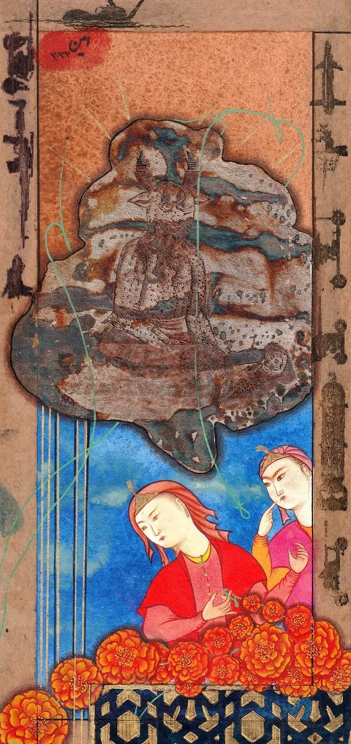 A traditional piece of Asian art depicting a woman with red hair and a young girl surrounded by orange flowers, with a large steam-shaped cloud and mountains in the background.