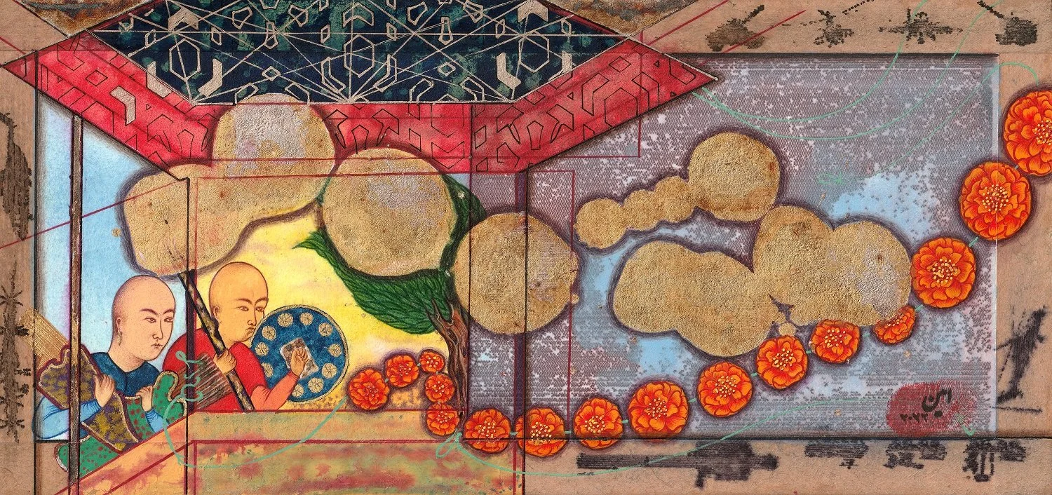 A detailed, colorful painting showing two bald monks in traditional robes, one holding a staff and the other a shield, with a large tree, and swirling clouds and floral patterns in vibrant colors.