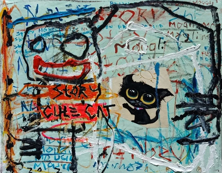  Story About The Friendship Between Human & Cat 
 Acrylic and oil on canvas 
 48 cm x 60 cm, 2021 