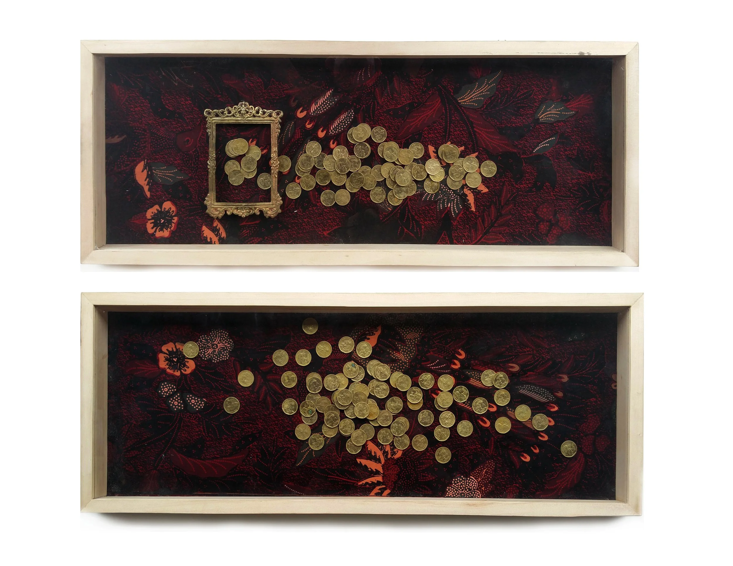  Engon 
 Brass coin, batik, brass frame and wooden frame 
 73 cm x 28 cm (2 panel), 2017 