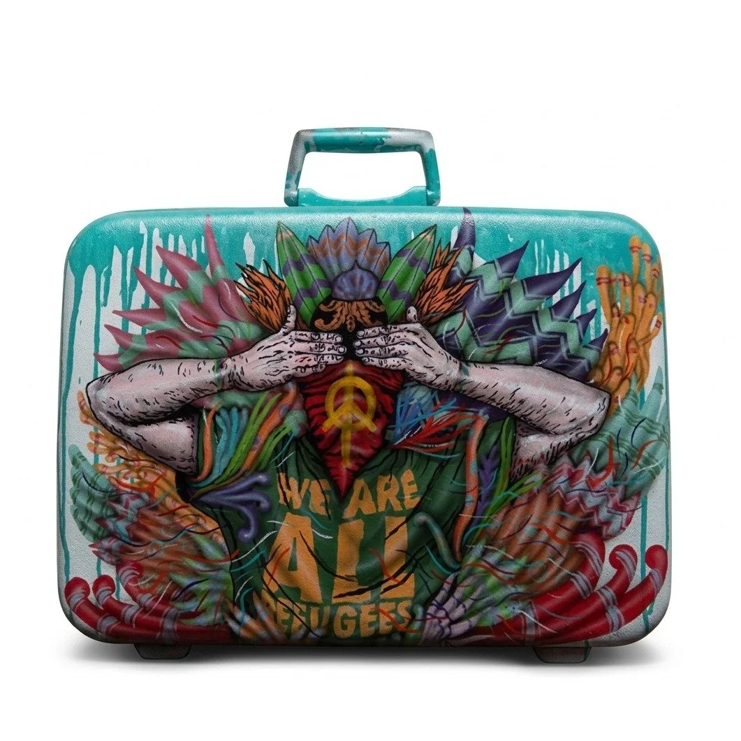  Anagard  
 We Are All Refugees 
 Stencil spray paint on suitcase 
 2024 