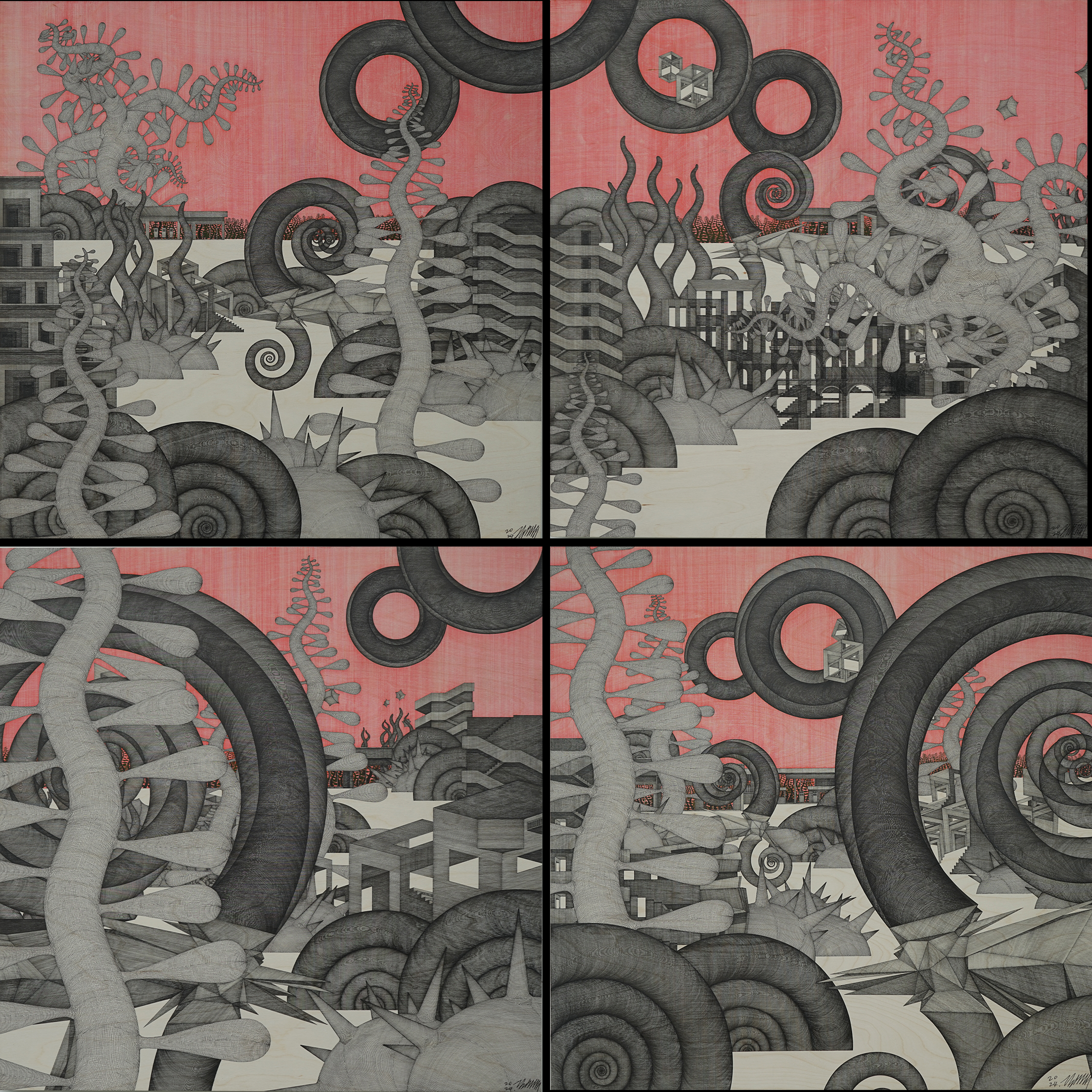  Pajuro 71,#164, #165, #166, #167 
 Pen on birchwood panel 
 80 x 80 cm, 2024 