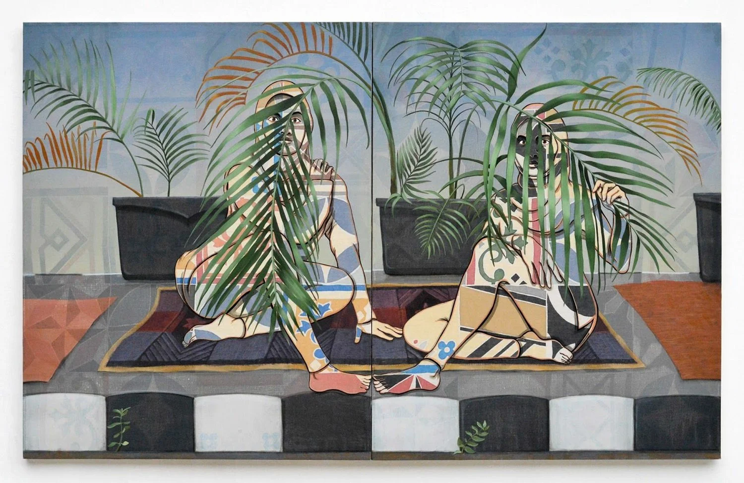 A painting of two women sitting on a rug surrounded by large potted plants, with leaves partially covering their faces and bodies.