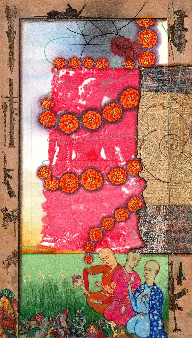 Colorful artwork depicting three figures in traditional clothing sitting on the ground, surrounded by grass and animals, with abstract geometric patterns and floral designs in the background.