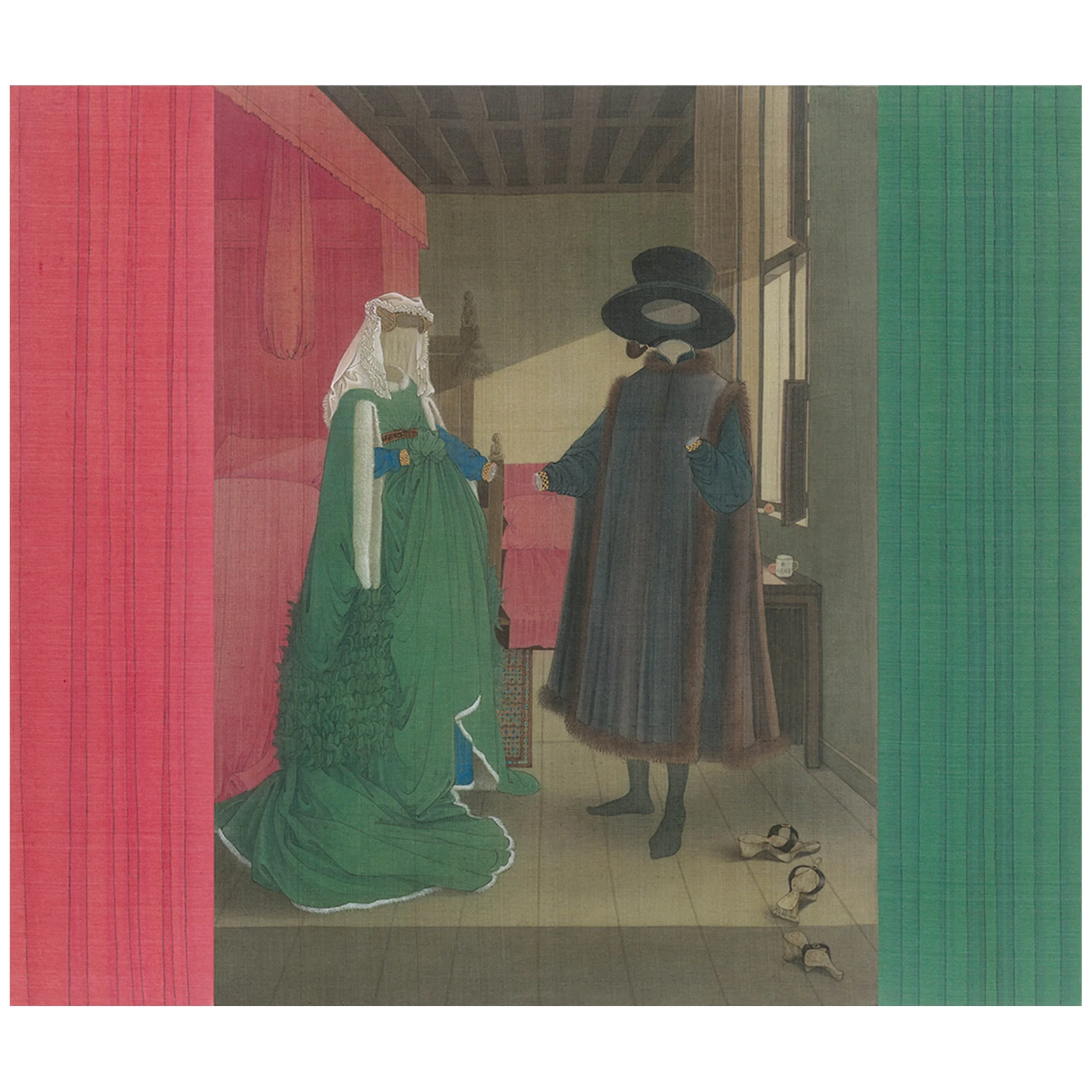  Jin Sha 
 The Pink Veil: An Rendezvous with Arnolfini 
 Ink and colour pigment on silk 
 72cm x 63cm, 2026 