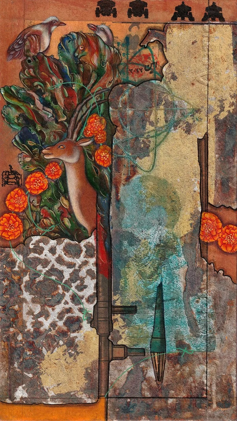 Mixed media artwork featuring a deer head in profile, vibrant leaves, orange flowers, a bird perched on a branch, and various abstract patterns and textures.