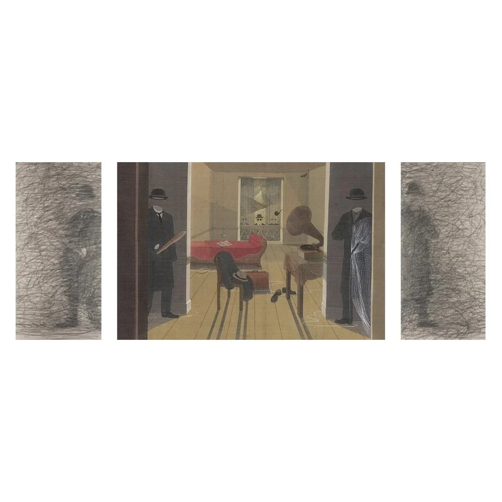  Meeting in Magritte's Room 
 Ink and Colour Pigment on Silk 
 38 x 97cm, 2016 
