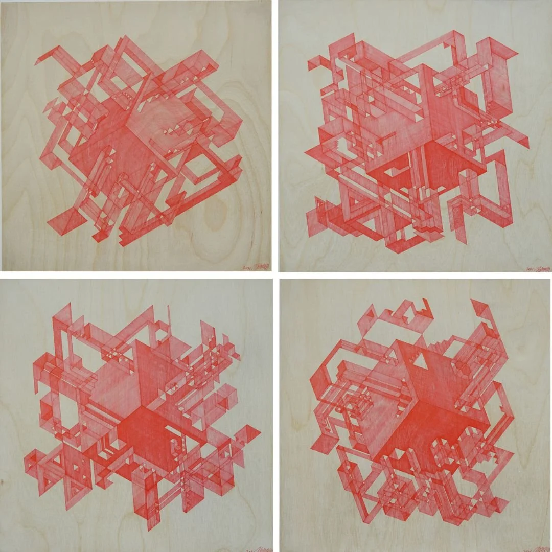  The Ship 6 #83, #84, #85, #86 
 Pen on birchwood panel 
 2021 