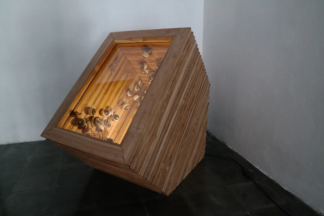  DH. Mahardika 
 Nightmare Tunnel 
 Teakwood, acrylic, stocking, dakron 
 46 cm x 70 cm x 80 cm, 2015 