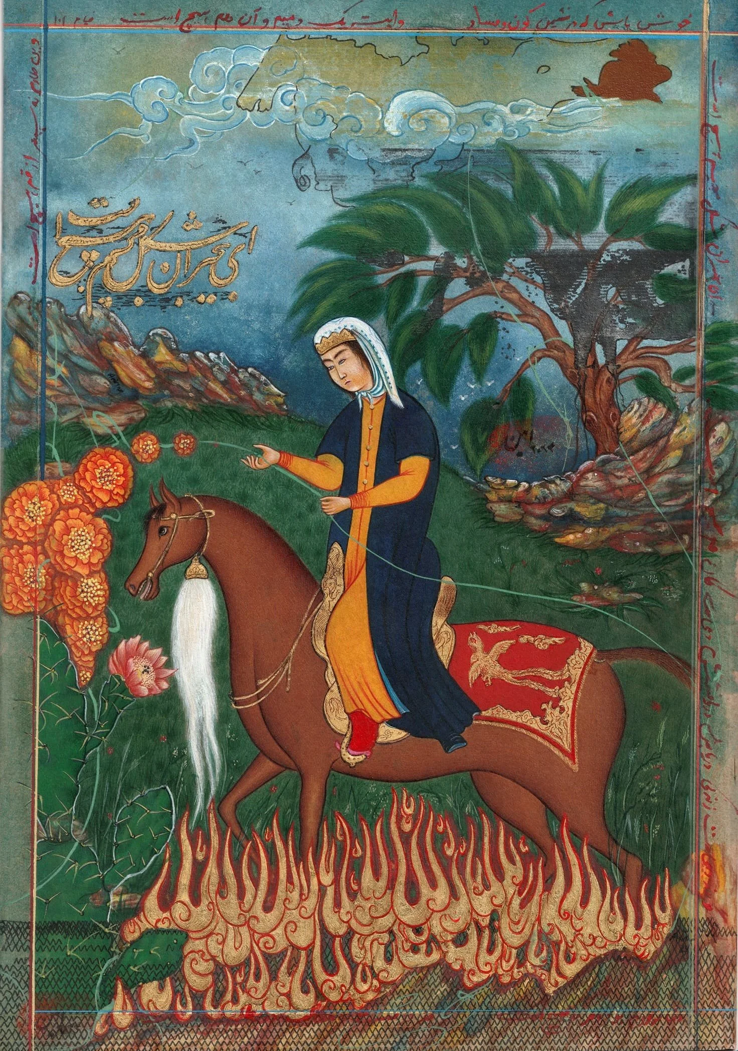 A traditional Persian painting depicting a man on horseback, watering flowers with a stream that flows from the horse's mouth, set against a lush landscape with a tree, mountains, and clouds in the background.