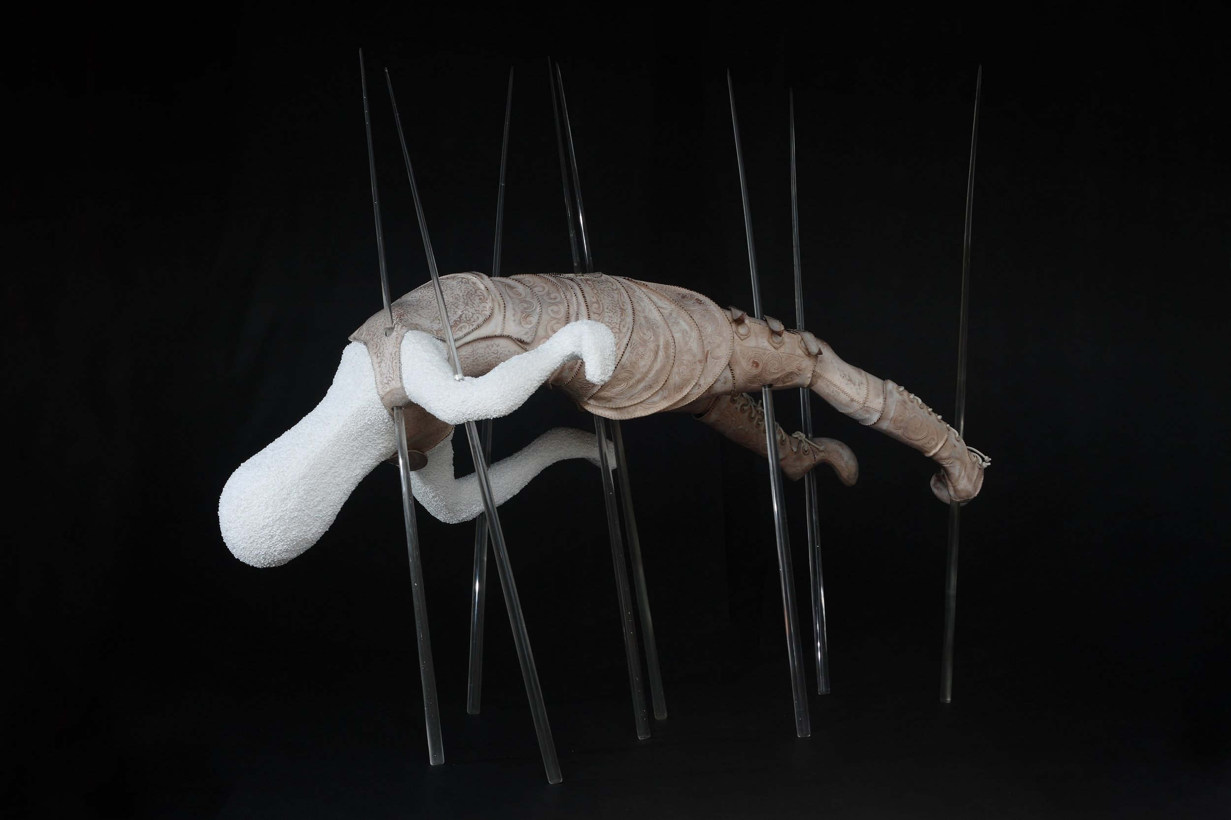  No One Escape The Death I Ride 
 Resin, silicone, brass, leather, leather paint 
 145 cm x 170 cm x 90 cm, 2013 