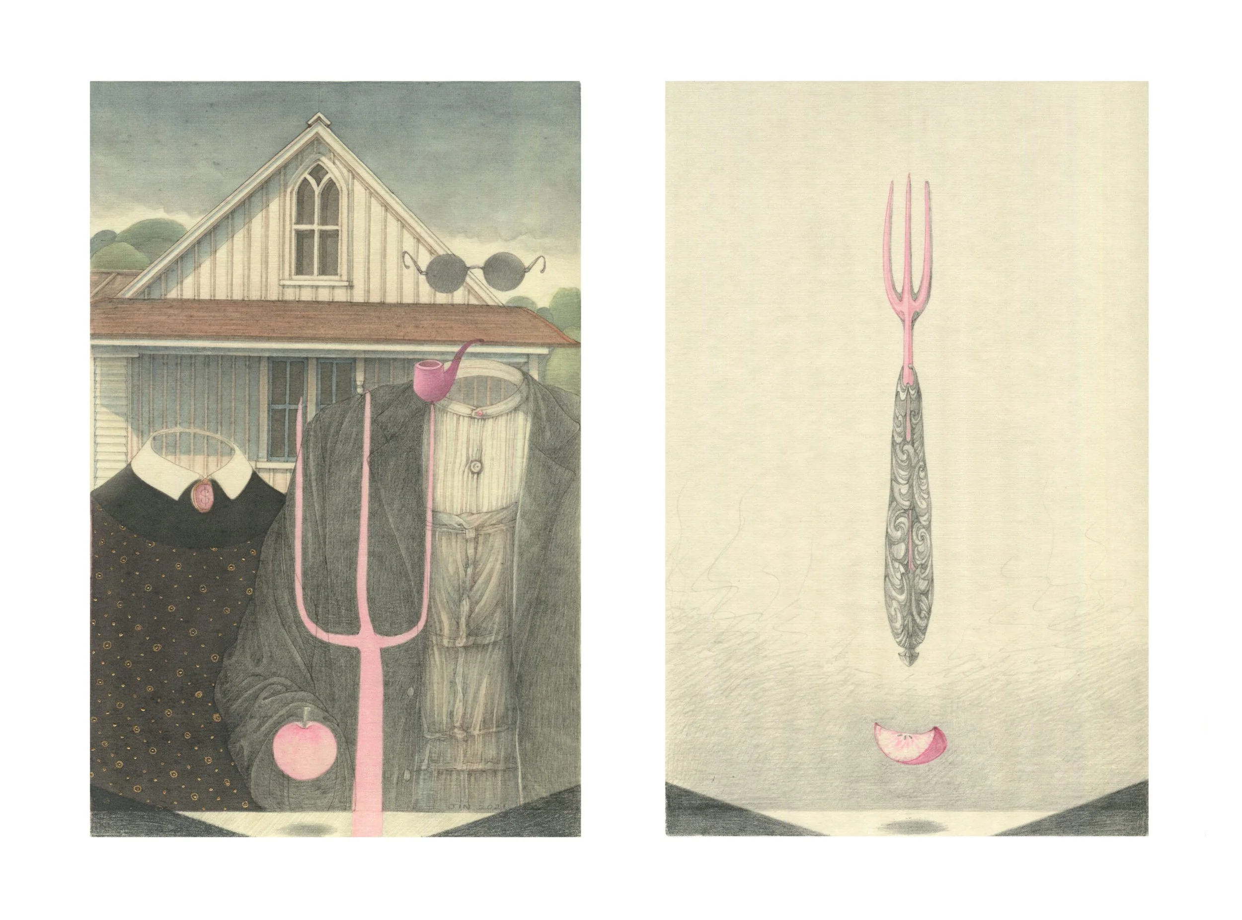  The Last Gothic 
 Pencil, Ink & Colour Pigment on Silk 
 28 x 18 cm (2 panels), 2021 