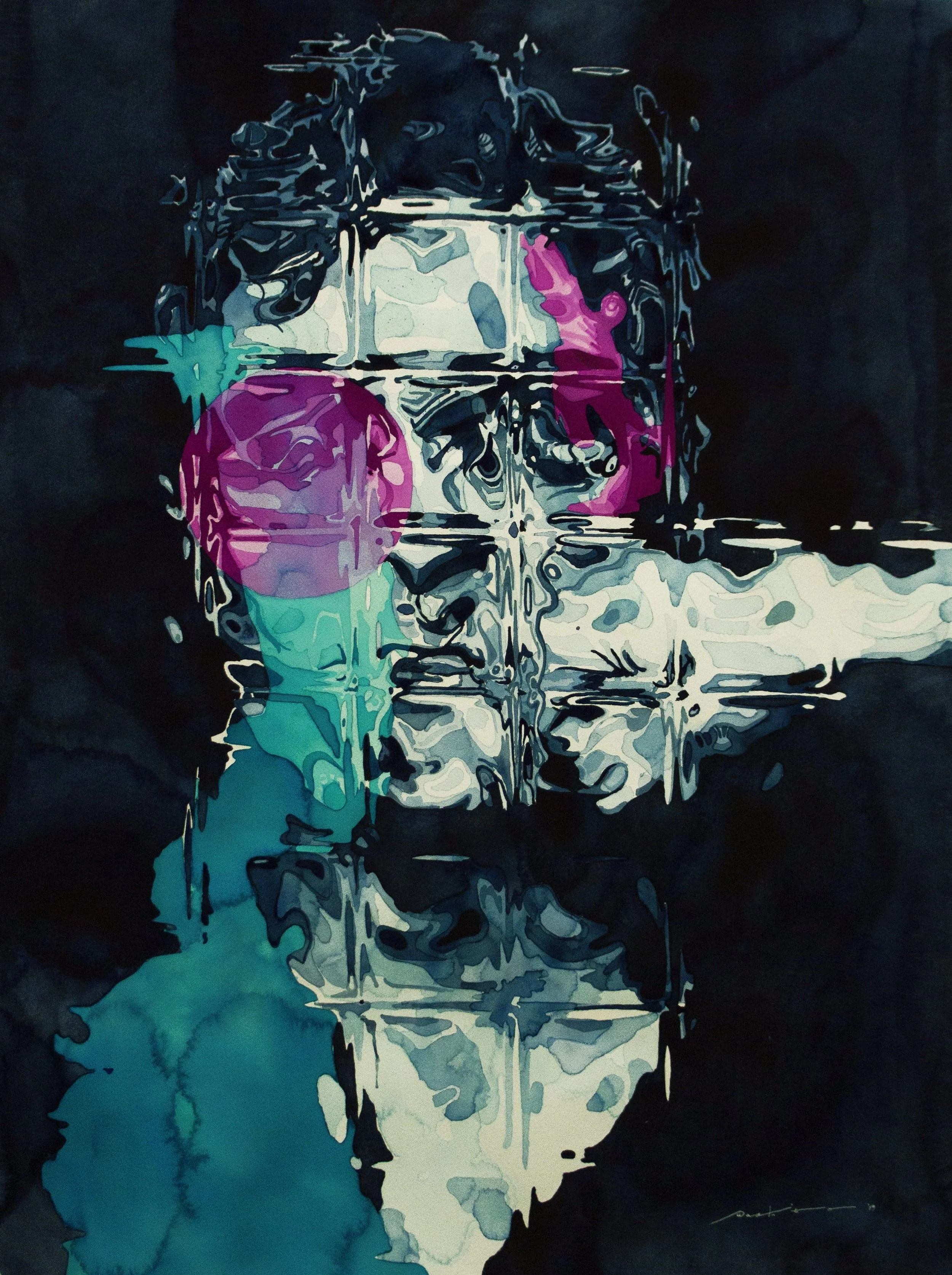 Abstract watercolor painting featuring a human skull reflected in water, use of dark blue, black, pink, and teal colors.