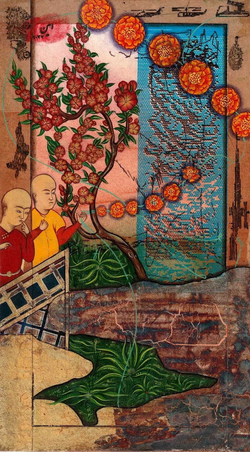 A colorful mural depicting two monks, a flowering tree, and a large water tank with blue and intricate black markings, surrounded by painted foliage and a cracked surface background.