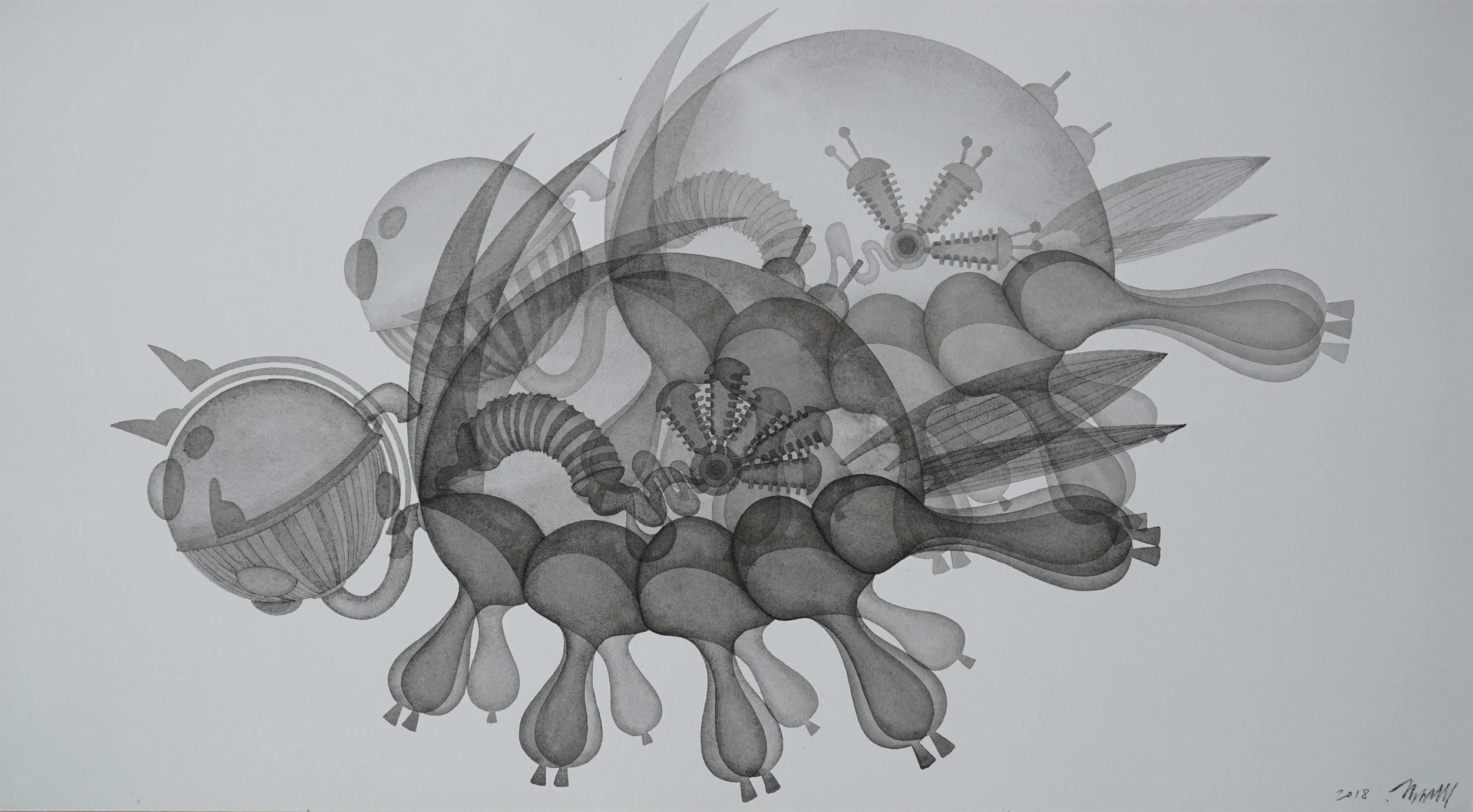  Ohmu 
 Pen on paper 
 38 x 69cm, 2018 